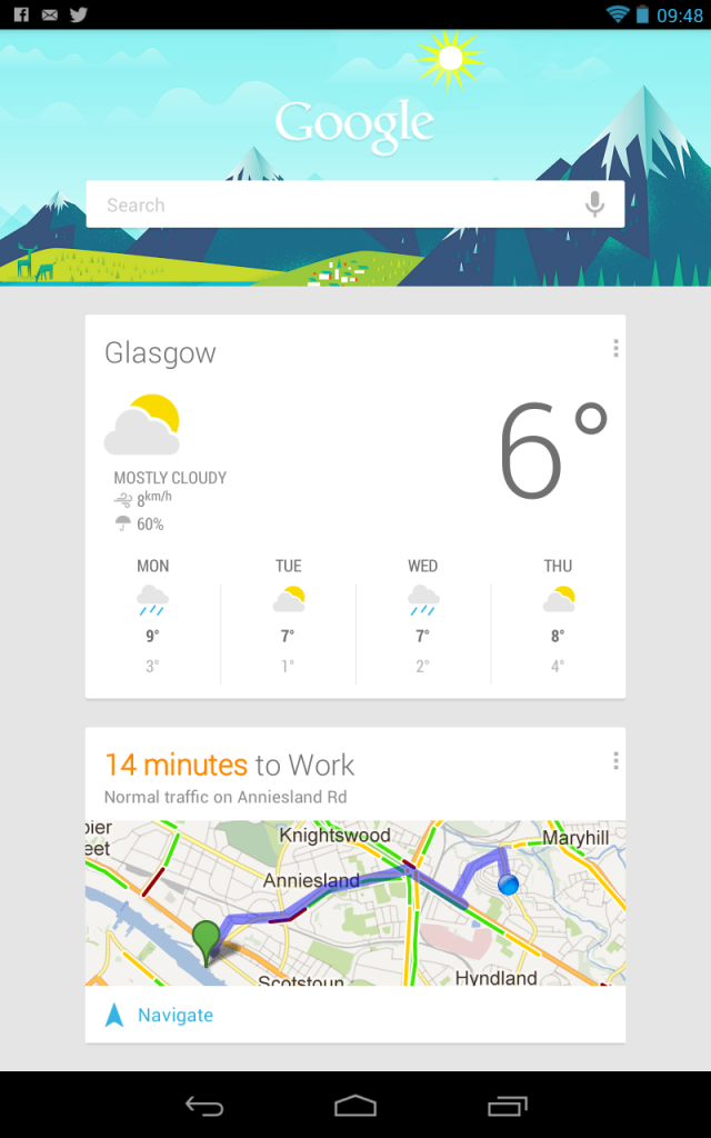 An example of Google Now in action. Local weather and journey time to work.