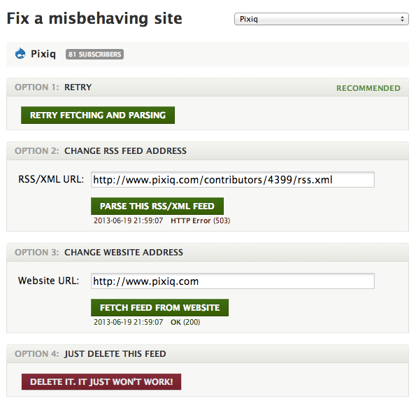 Newsblur presents options to fix unreachable feeds