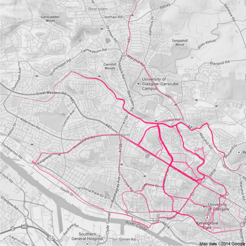 Where I ran in 2014. Each run mapped onto a Google Maps export.