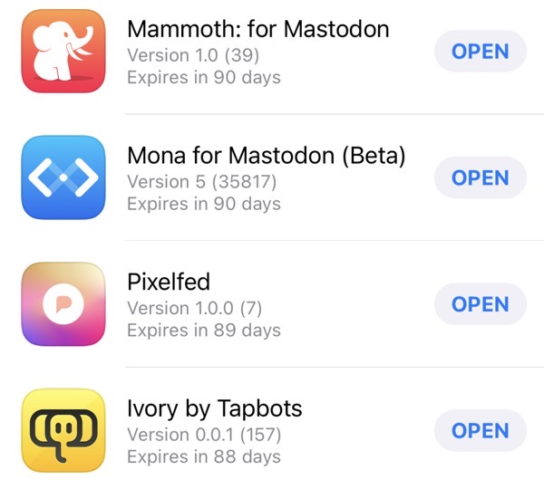 Testflight screenshot of Mastodon clients