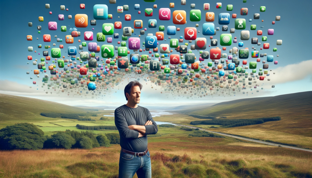 A man standing in the hills of Scotland being invaded by apps