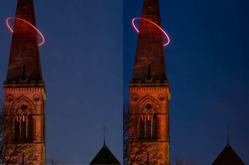 iOS camera app on the left, Adobe's Project Indigo on the right which shows much more detail of Òran Mór building in Glasgow